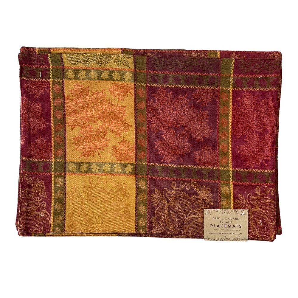 Autumn Harvest Placemats Grid Jacquard Pumpkin Fall Leaves Set of Four 13”x19”